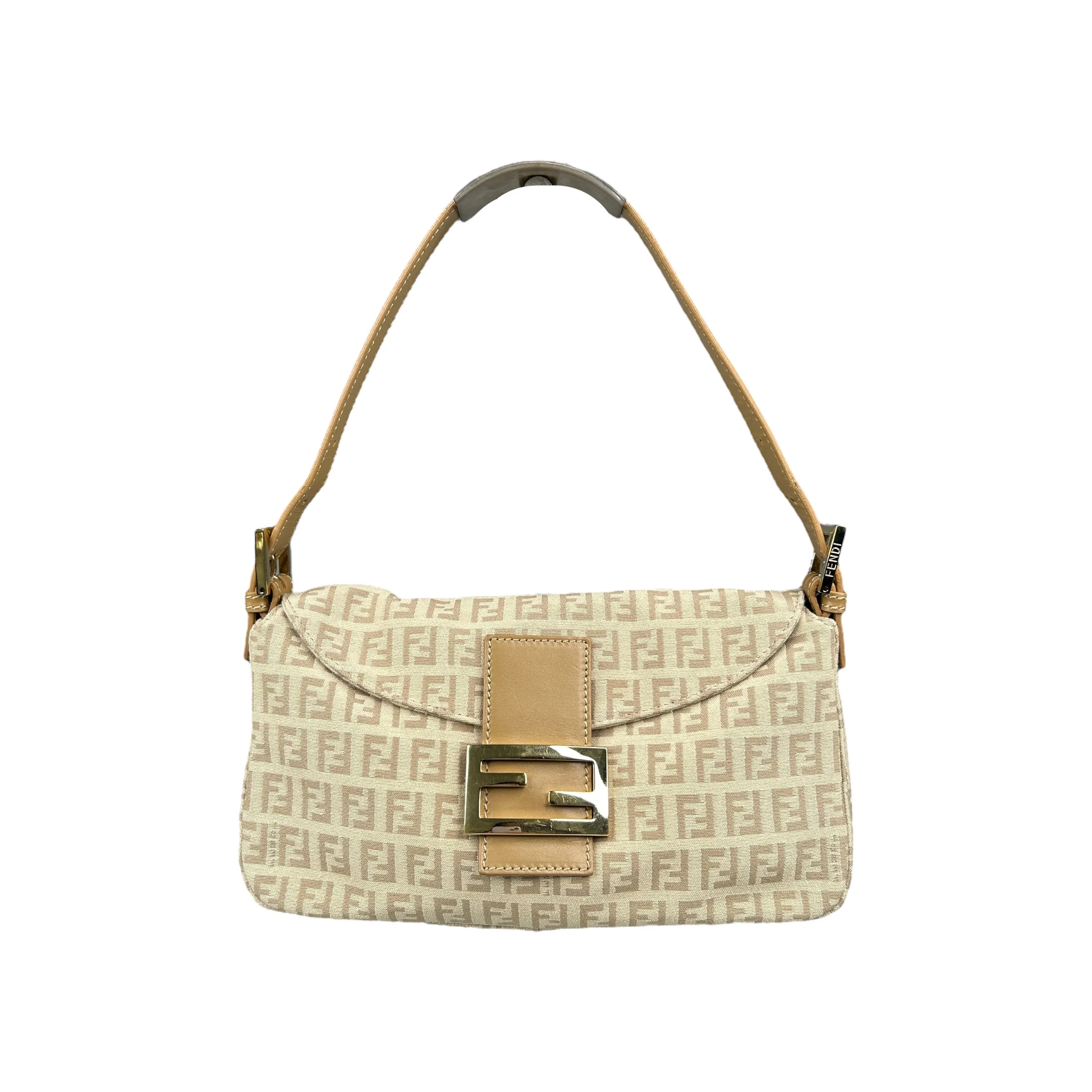FENDI BEIGE ZUCCHINO CANVAS DOUBLE-FLAP BAGUETTE BAG