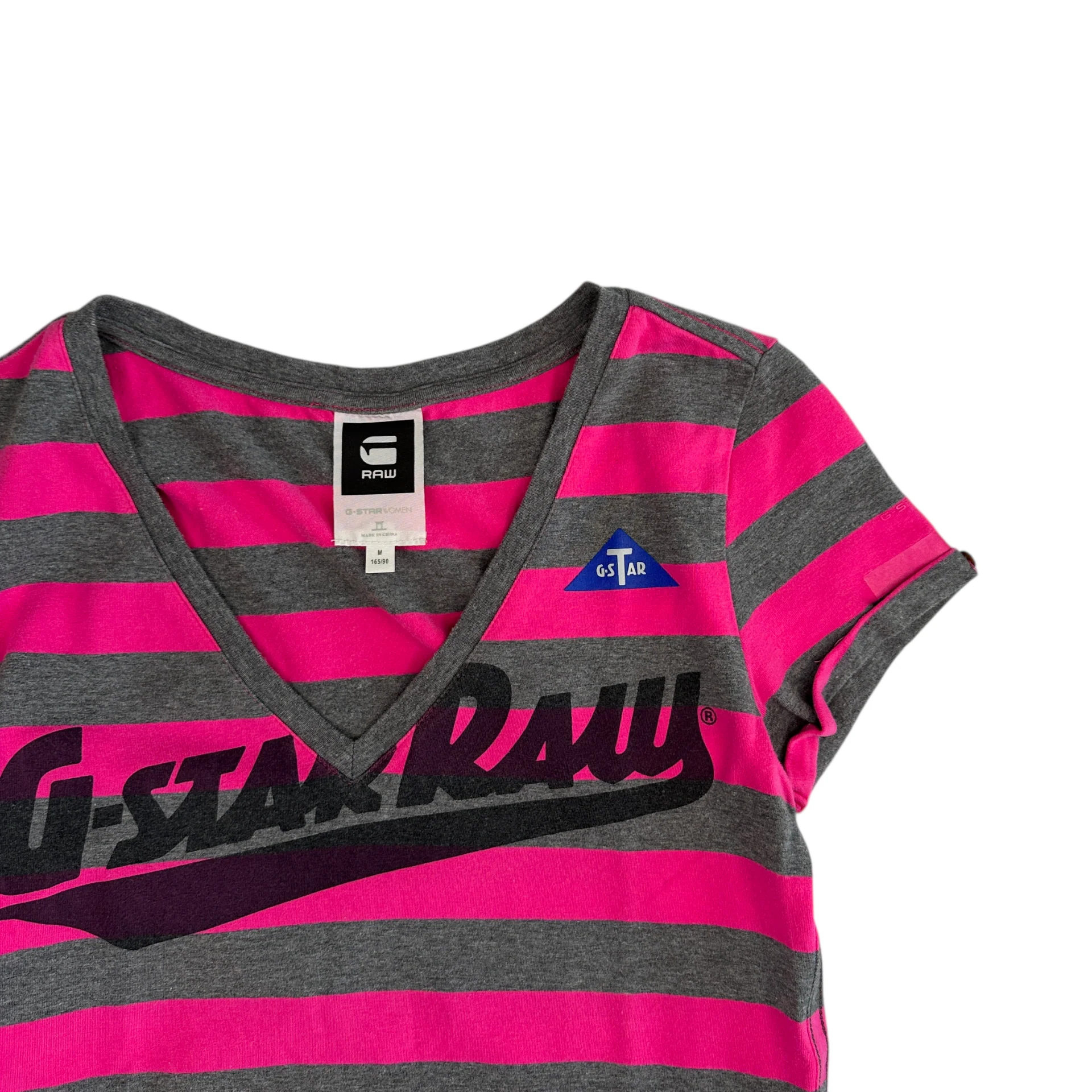 (M) G-STAR STRIPED V-NECK SHORT SLEEVE TOP - PINK/GREY - Image 3