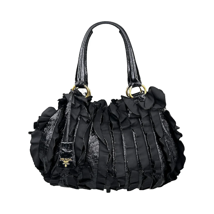 PRADA BLACK FRILLED NYLON SHOULDER BAG
