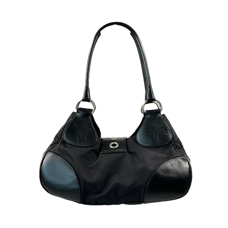 PRADA BLACK NYLON/LEATHER BUCKLE SHOULDER BAG - Image 2