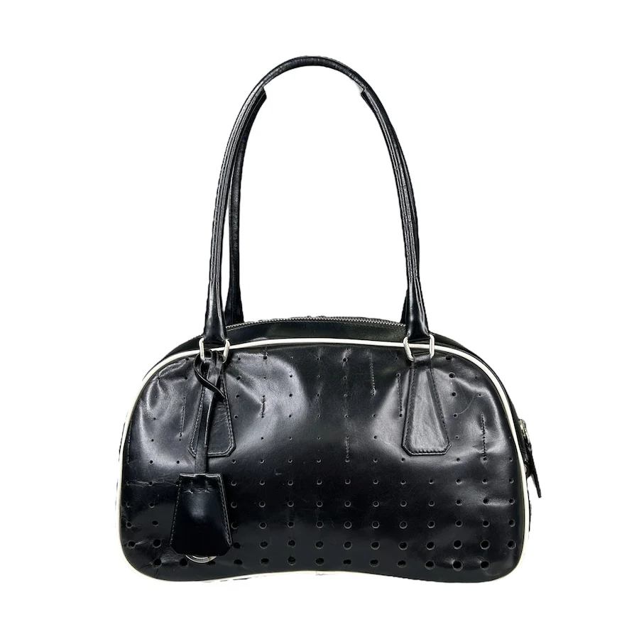 PRADA BLACK PERFORATED LEATHER BOWLER BAG - Image 2