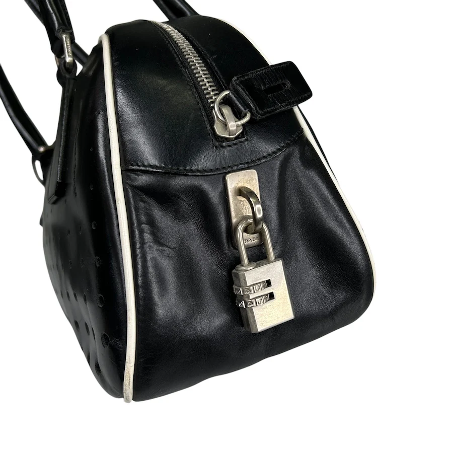 PRADA BLACK PERFORATED LEATHER BOWLER BAG - Image 7