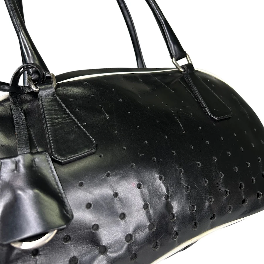 PRADA BLACK PERFORATED LEATHER BOWLER BAG - Image 8