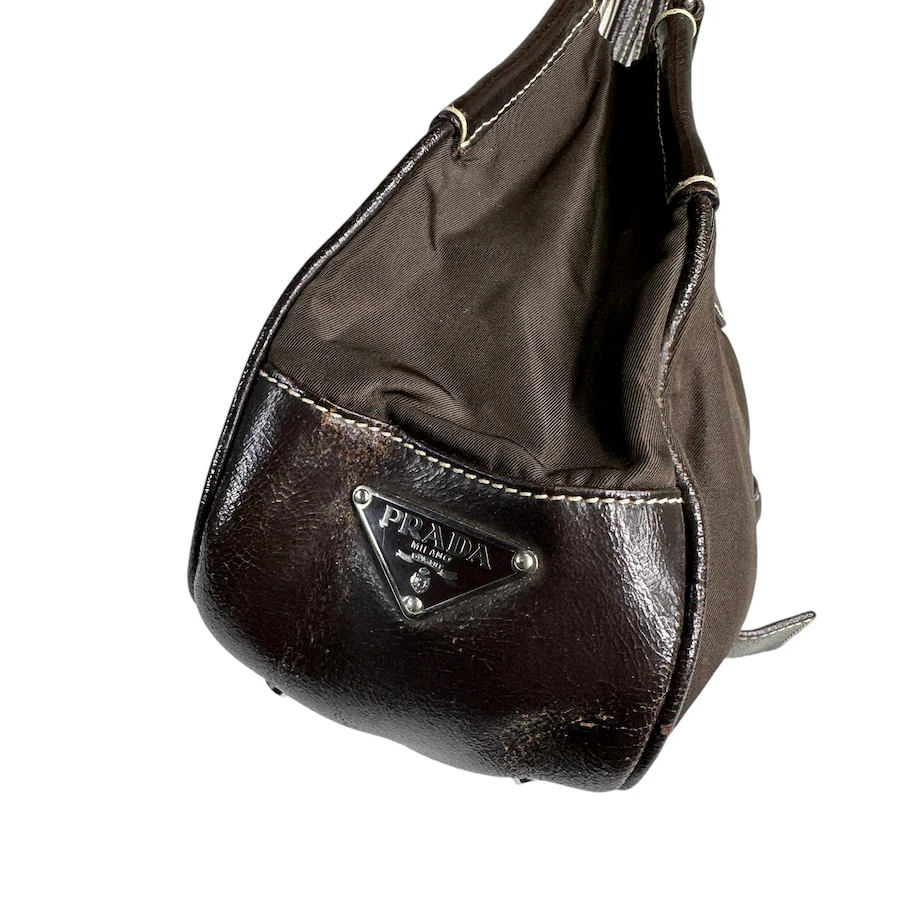 PRADA BROWN NYLON / LEATHER MOON SHOULDER BAG - Image 5